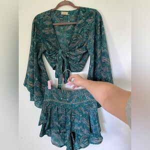 Two piece silk v neck top and shorts size M tie front crop top bell sleeves